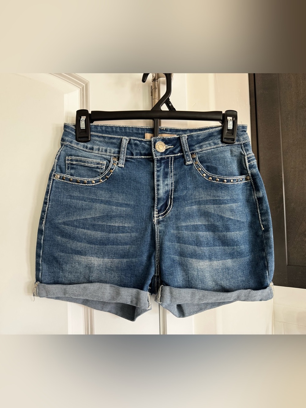 Blue Denim Rolled-Hem Jean Shorts with Stud Detail